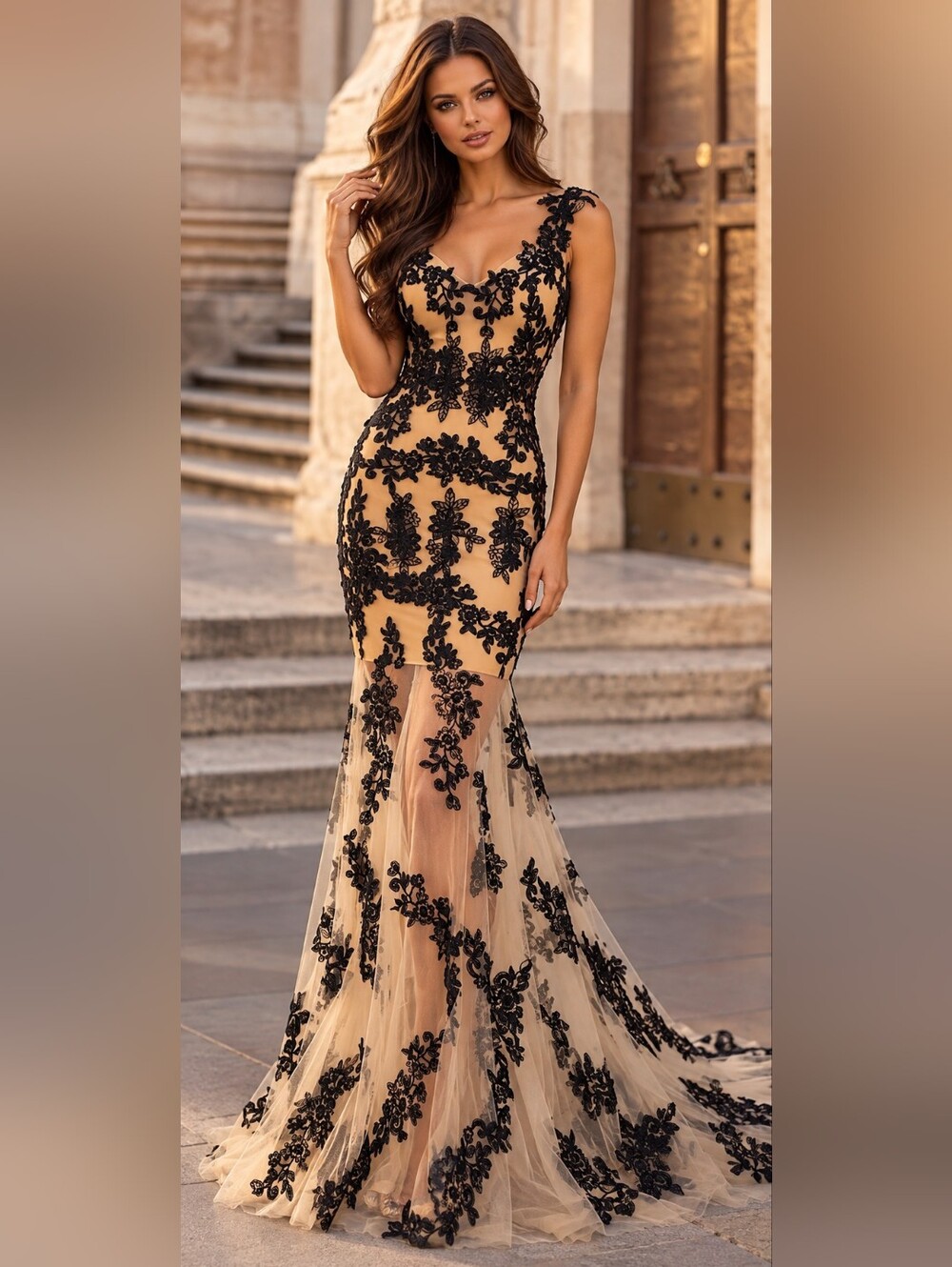 NWT Janique, Elegant Black Applique Mermaid Dress in Nude, Size S